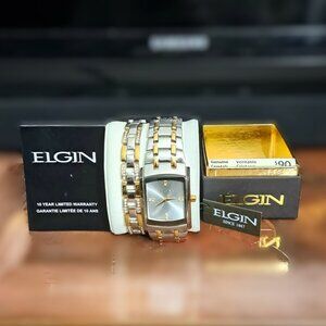 "BRAND NEW Men's Elgin FG9061ST Two-Tone Watch & Bracelet Set - Genuine Crystals